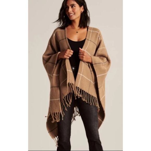 Abercrombie & Fitch Women’s Tan plaid fringe shawl knit cardigan Poncho OS - Picture 1 of 6